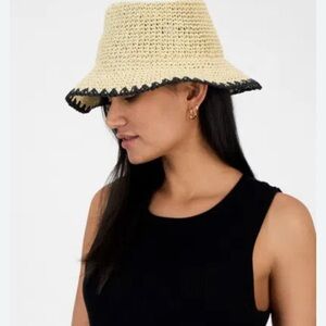 INC International Concepts Tan Crochet Hat with Black Edge